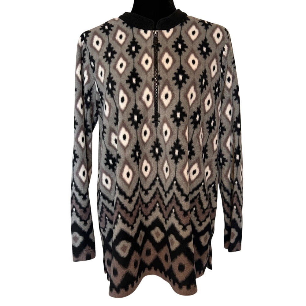 NWT Bob Mackie 1/4 Zip Black and Gray Artistic Fleece Pullover Top Size Medium‎